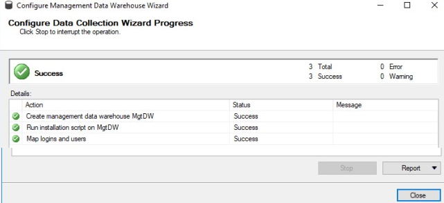 Configure data collection wizard progress